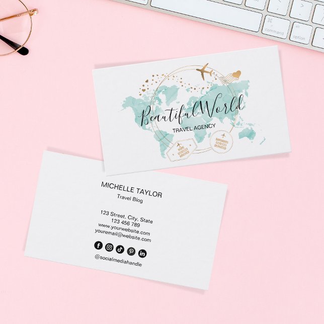 Travel Agency Travel Blog World Map Logo Business Card (Creator Uploaded)
