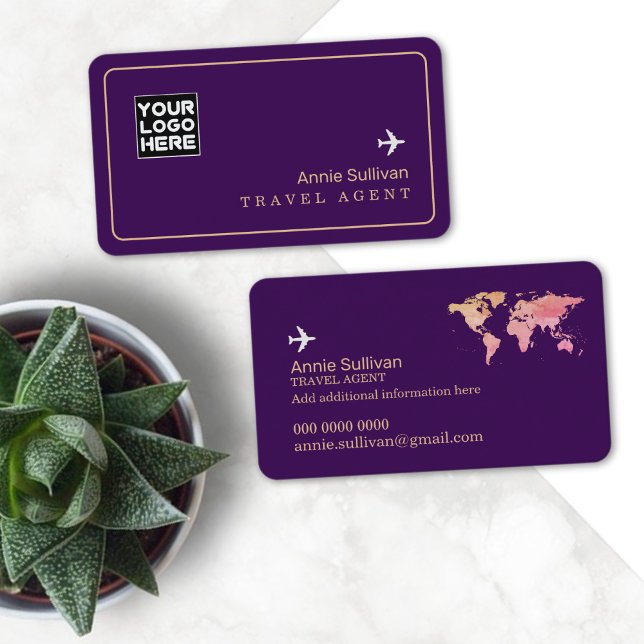 Travel Agent Aeroplane World Map Purple Business Card (Creator Uploaded)