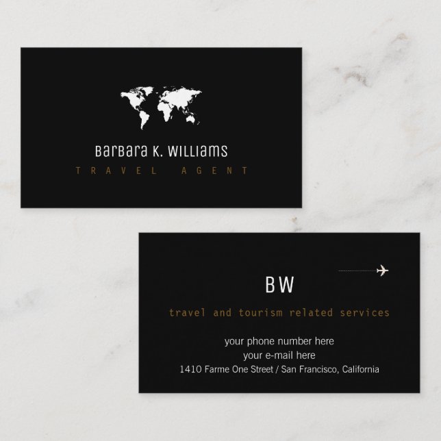 travel agent black business card with worldmap (Front/Back)