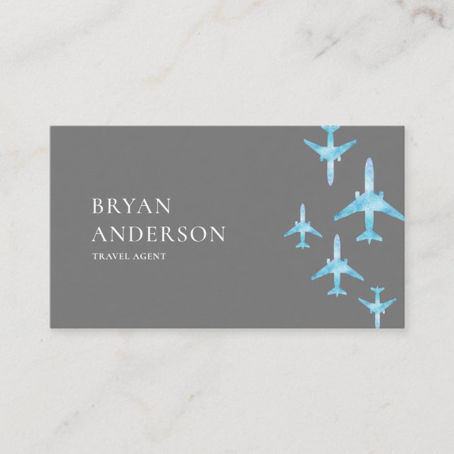 Travel Agent Blue Watercolor Aeroplanes Business Card (Front)