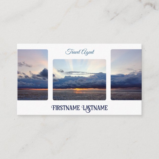 Travel agent dramatic sky ocean beach sunset business card (Front)
