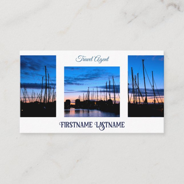 Travel agent dramatic sky ocean marina sunset business card (Front)