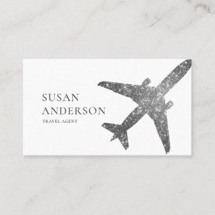 Travel Agent Faux Silver Glitter Aeroplane Business Card
