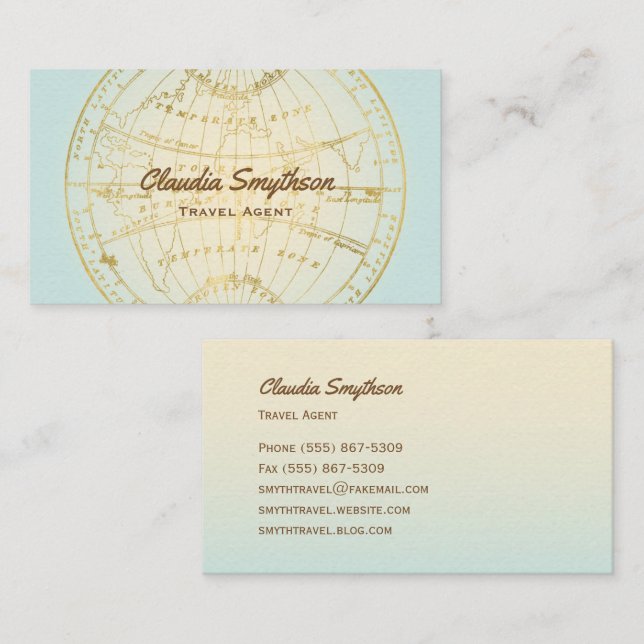 Travel Agent Golden Map Teal Ombre Blogger Business Card (Front/Back)