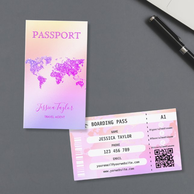 Travel Agent Passport World Map Boarding Pass Business Card (glitter passport cover business card with pink world map)