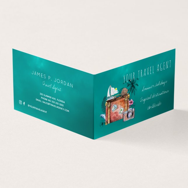 Travel agent summer holidays vintage suitcase business card (Outside)