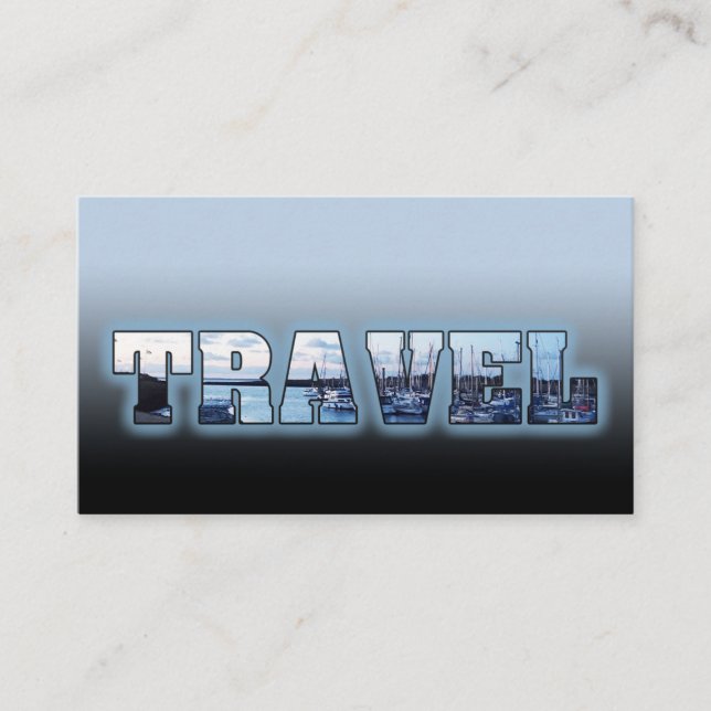 Travel agent text mask blue marina ships in bay business card (Front)