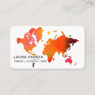 Travel Agent Watercolor World Map Tourism Booking Business Card