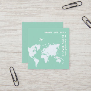 Travel agent with world map and aeroplane square business card