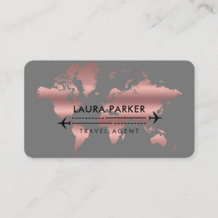 Travel Agent World Map Vacation Rose Gold Business Card