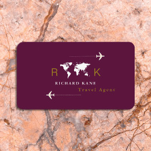 Travel Agent worldwide monogram dark wine Business Card