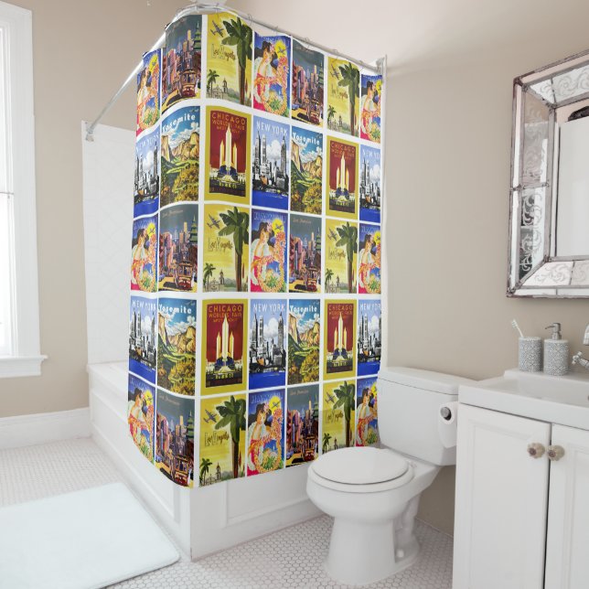 Travel America vintage retro collage Shower Curtain (In Situ)