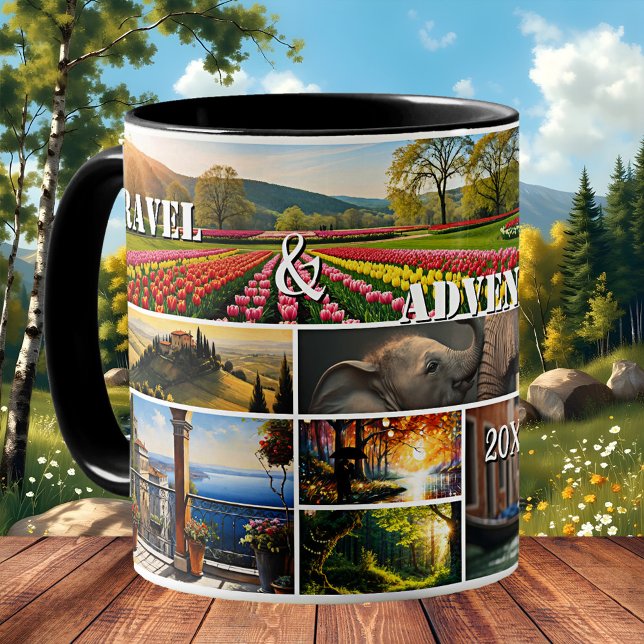 Travel and Adventure Holiday Photo Collage  Coffee Mug (Mug featuring a collage with 9 of your favorite travel or holiday pictures - adventure keepsake)