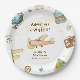 Travel Around The World Airplane Baby Shower  Paper Plate