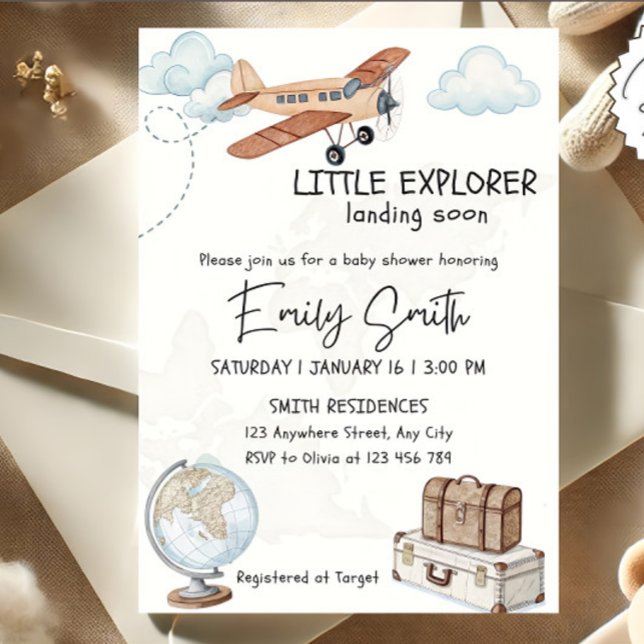 Travel Baby Shower Invitation Template Little Expl (Creator Uploaded)