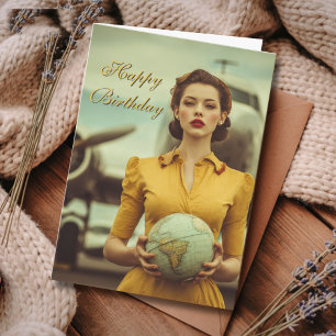 Travel Birthday Vintage Retro Woman Aeroplane Chic Card
