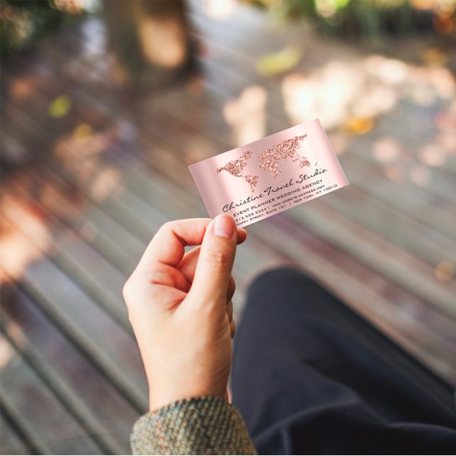 Travel Blogger Agency Earth Globe Rose Glitter Business Card (Creator Uploaded)
