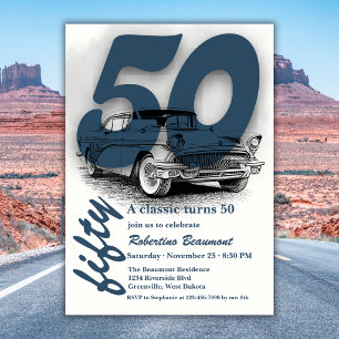 Travel Blue Classic Car  Turns 50th Birthday Invitation