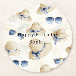 Travel Blue Sunglasses Bows Cream Hats Birthday Round Paper Coaster