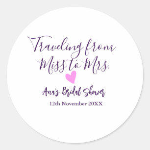 Travel bridal shower add name date miss to Mrs sim Classic Round Sticker