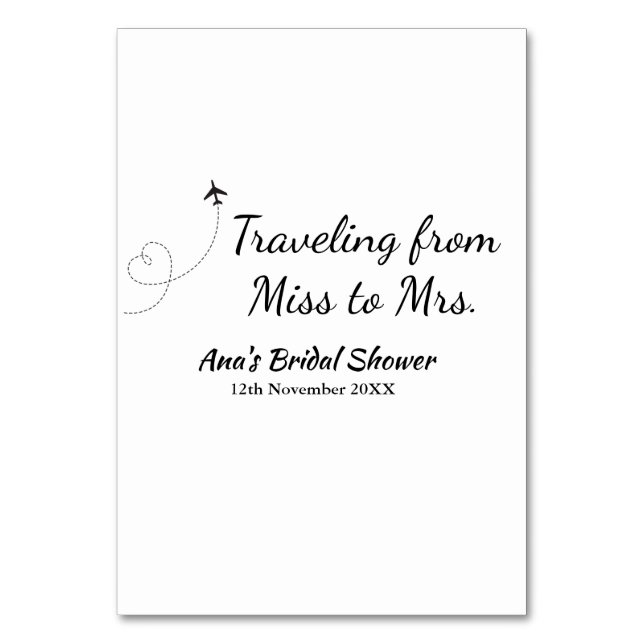 Travel bridal shower add name date miss to Mrs sim Table Number (Front)