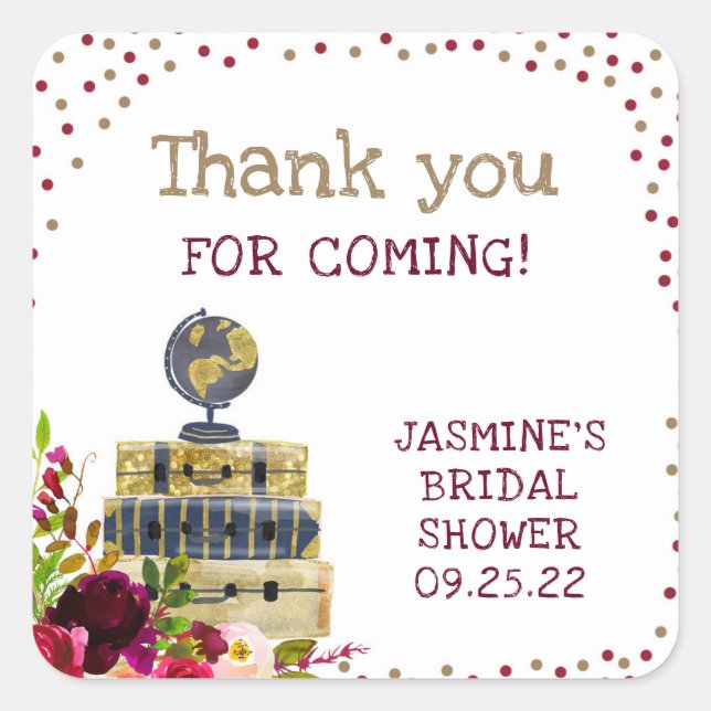 Travel bridal shower thank you favour, burgundy square sticker (Front)