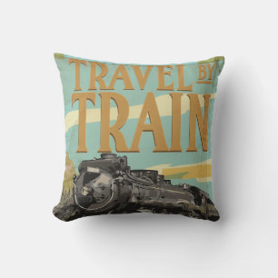 Travel By Train Locomotive poster Cushion