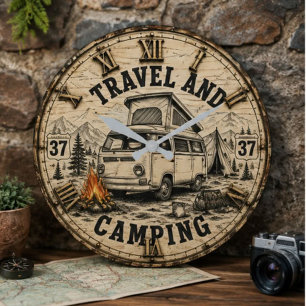 Travel Camping Camper Van Gift for Travel Lovers Large Clock