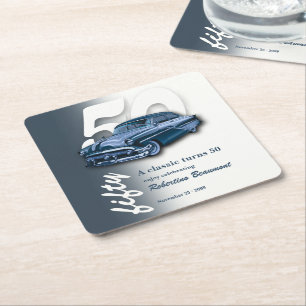 Travel Classic Blue Car Turns 50th Birthday Square Paper Coaster