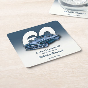 Travel Classic Blue Car Turns 60th Birthday Square Paper Coaster