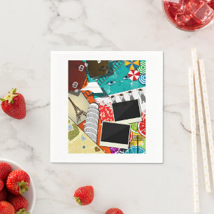 Travel Collage with Iconic Landmarks Vacation  Napkin