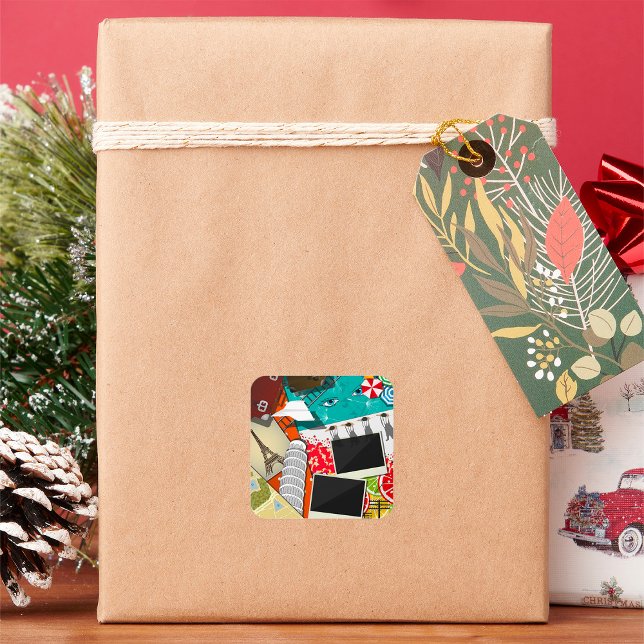 Travel Collage with Iconic Landmarks Vacation Square Sticker (Creator Uploaded)