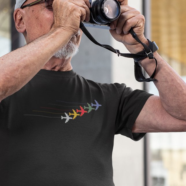 Travel Colour Aeroplanes with dotted line on black T-Shirt (aero style)