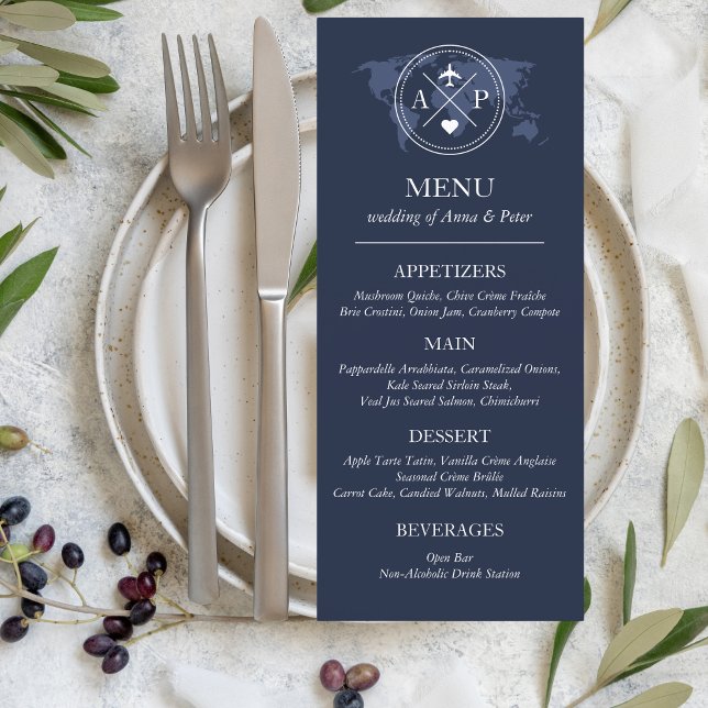 Travel Destination Wedding Navy Blue Passport  Menu (Travel, destination wedding Menu)