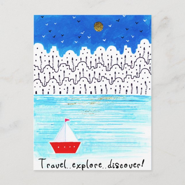 travel explore discover blue white acrylic boat postcard (Front)