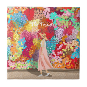 Travel girl colourful tile