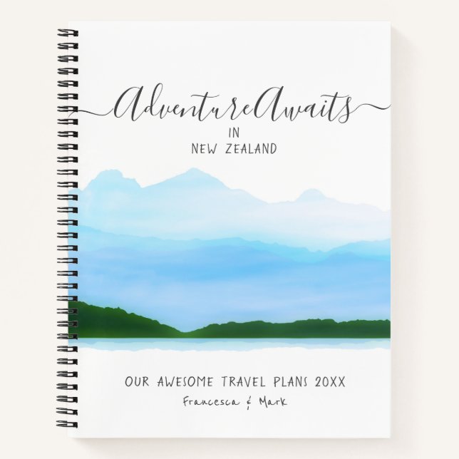 Travel Honeymoon Couple Plans Blue Watercolor name Notebook (Front)