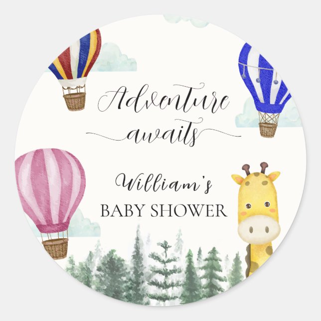 Travel Hot Air Balloon Jungle Giraffe Baby Shower  Classic Round Sticker (Front)