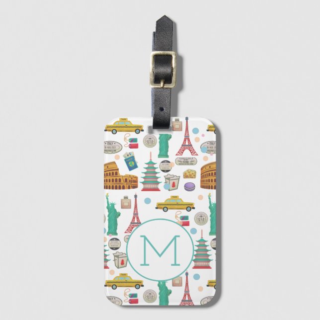 Travel Icons Landmarks Colourful Pattern Monogram Luggage Tag (Front Vertical)