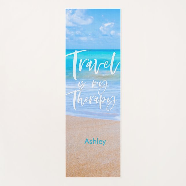 TRAVEL IS MY THERAPY White Quote Name Beach Yoga Mat (Front)