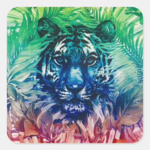 Travel Jungle Wild Tiger Foliage Tropical Leaves Square Sticker