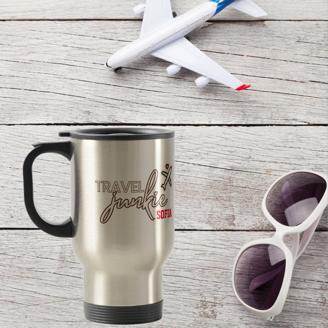 Travel Junkie Aeroplane Minimalist Personalised Travel Mug (Creator Uploaded)