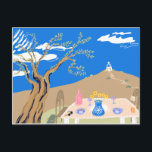 Travel keepsake Greek afternoon olive tree scene Holiday Postcard<br><div class="desc">Original hand drawn illustration of Mediterranean afternoon with wine and coffee scenery, travel keepsake decor for backpackers. travelers and slow living lovers. Homely scenery with table set under an olive tree with a small chapel on a hill in the background on a sunny day with blue sky. Great as a...</div>