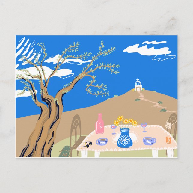 Travel keepsake Greek afternoon olive tree scene Holiday Postcard (Front)