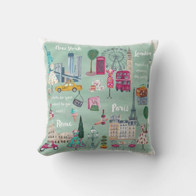 Travel London New+York Paris | Cotton Throw Pillow (Front)