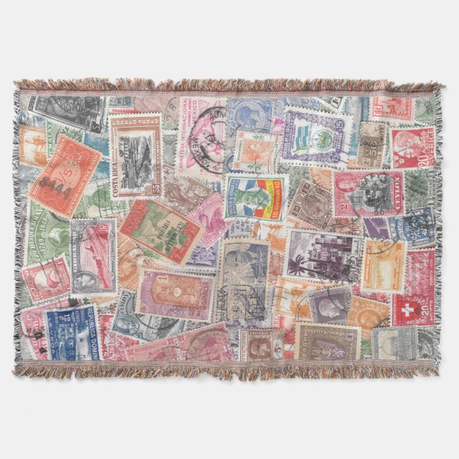 Travel Lover Gift Stamp Collection Throw Blanket (Front)