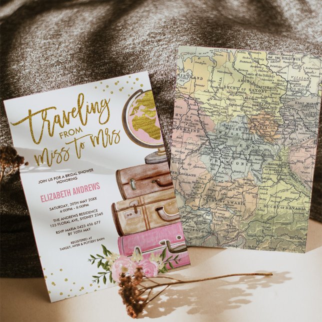 Travel Map Bridal Shower / Pink Gold Floral Invitation (Creator Uploaded)