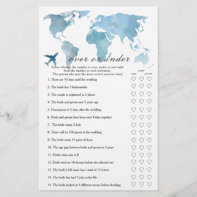 Travel Map Plane Bridal shower  Over or under game (Front)