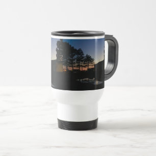 Travel mug handle beautiful sunset photo w/pines