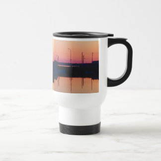 Travel mug with beautiful sunset photo harbor